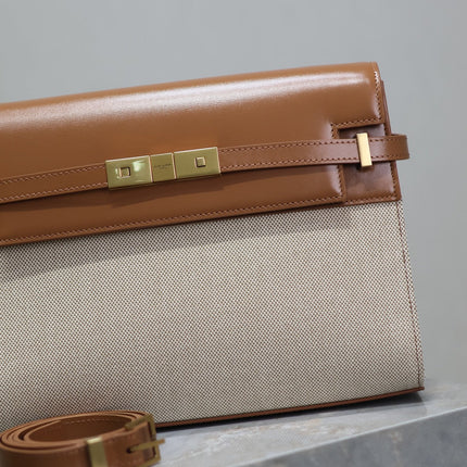 MANHATTAN MEDIUM 29 IN WHITE CANVAS AND BROWN CALFSKIN GOLD BUCKLE