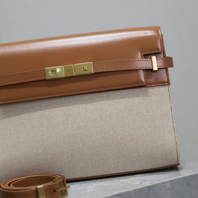 MANHATTAN MEDIUM 29 IN WHITE CANVAS AND BROWN CALFSKIN GOLD BUCKLE