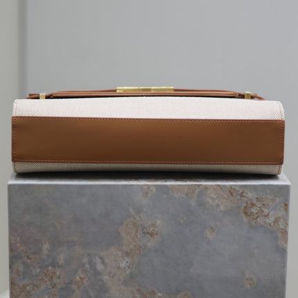MANHATTAN MEDIUM 29 IN WHITE CANVAS AND BROWN CALFSKIN GOLD BUCKLE