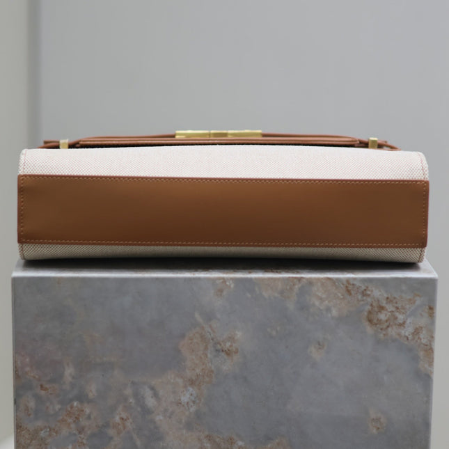 MANHATTAN MEDIUM 29 IN WHITE CANVAS AND BROWN CALFSKIN GOLD BUCKLE