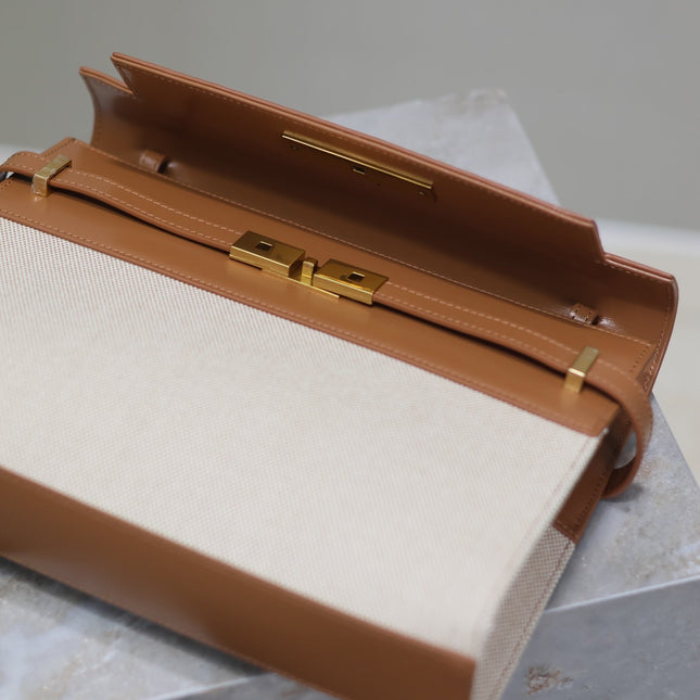 MANHATTAN MEDIUM 29 IN WHITE CANVAS AND BROWN CALFSKIN GOLD BUCKLE