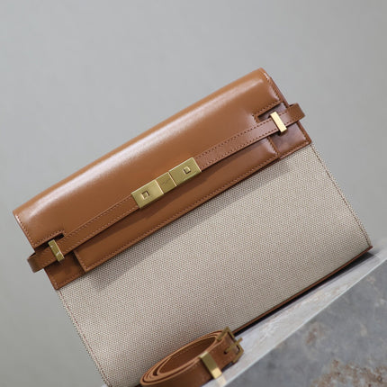 MANHATTAN MEDIUM 29 IN WHITE CANVAS AND BROWN CALFSKIN GOLD BUCKLE