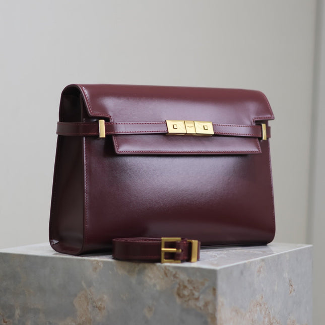 MANHATTAN MEDIUM 29 IN WINE RED SMOOTH CALFSKIN GOLD BUCKLE