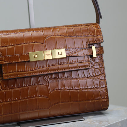 MANHATTAN SMALL 24 IN BROWN CROCODILE PATTERN CALFSKIN GOLD BUCKLE