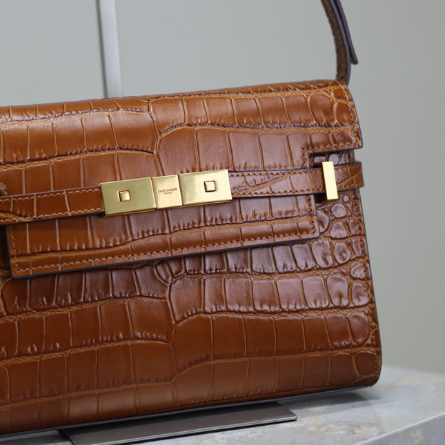 MANHATTAN SMALL 24 IN BROWN CROCODILE PATTERN CALFSKIN GOLD BUCKLE