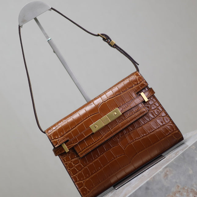 MANHATTAN SMALL 24 IN BROWN CROCODILE PATTERN CALFSKIN GOLD BUCKLE