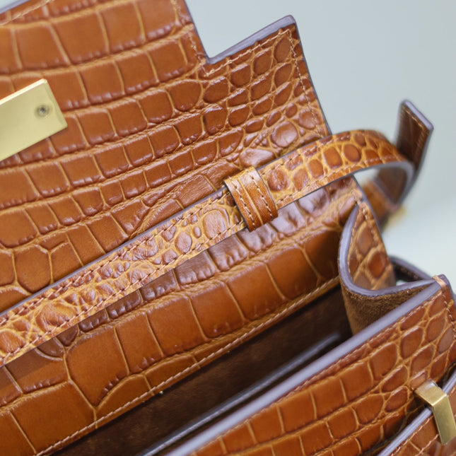 MANHATTAN SMALL 24 IN BROWN CROCODILE PATTERN CALFSKIN GOLD BUCKLE