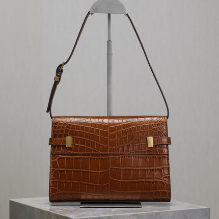 MANHATTAN SMALL 24 IN BROWN CROCODILE PATTERN CALFSKIN GOLD BUCKLE