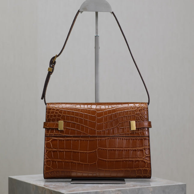 MANHATTAN SMALL 24 IN BROWN CROCODILE PATTERN CALFSKIN GOLD BUCKLE