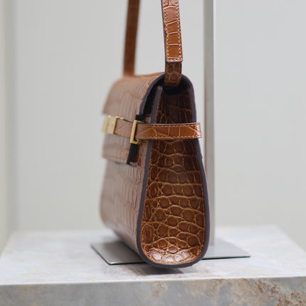 MANHATTAN SMALL 24 IN BROWN CROCODILE PATTERN CALFSKIN GOLD BUCKLE
