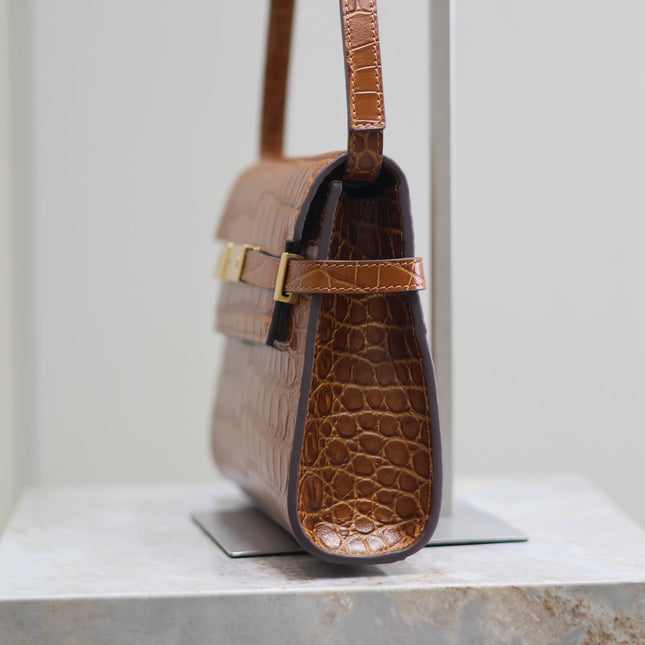 MANHATTAN SMALL 24 IN BROWN CROCODILE PATTERN CALFSKIN GOLD BUCKLE