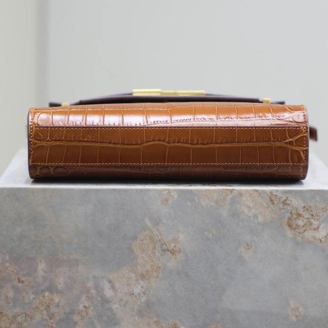 MANHATTAN SMALL 24 IN BROWN CROCODILE PATTERN CALFSKIN GOLD BUCKLE