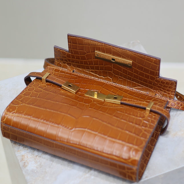 MANHATTAN SMALL 24 IN BROWN CROCODILE PATTERN CALFSKIN GOLD BUCKLE