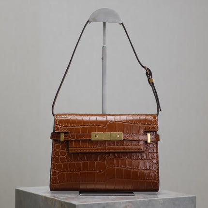 MANHATTAN SMALL 24 IN BROWN CROCODILE PATTERN CALFSKIN GOLD BUCKLE