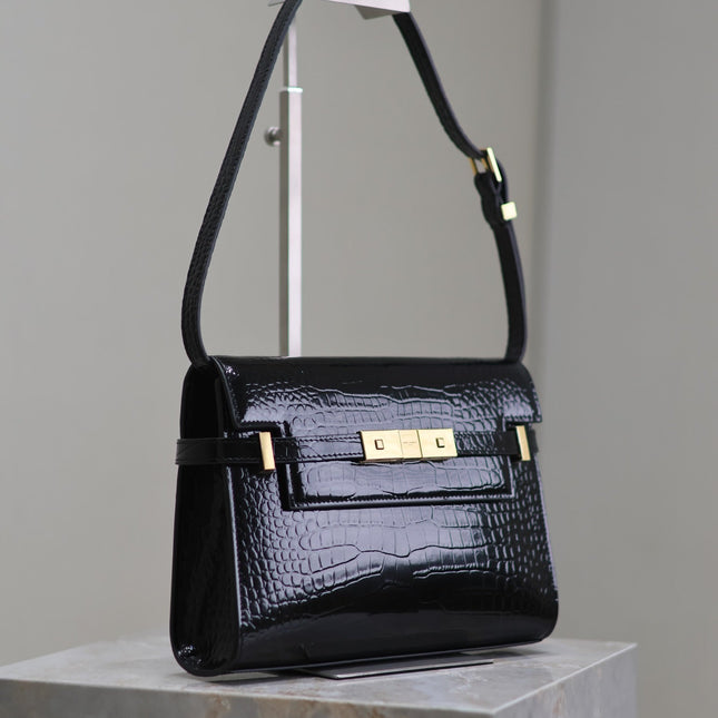 MANHATTAN SMALL 24 IN BLACK CROCODILE PATTERN GLOSSY CALFSKIN GOLD BUCKLE