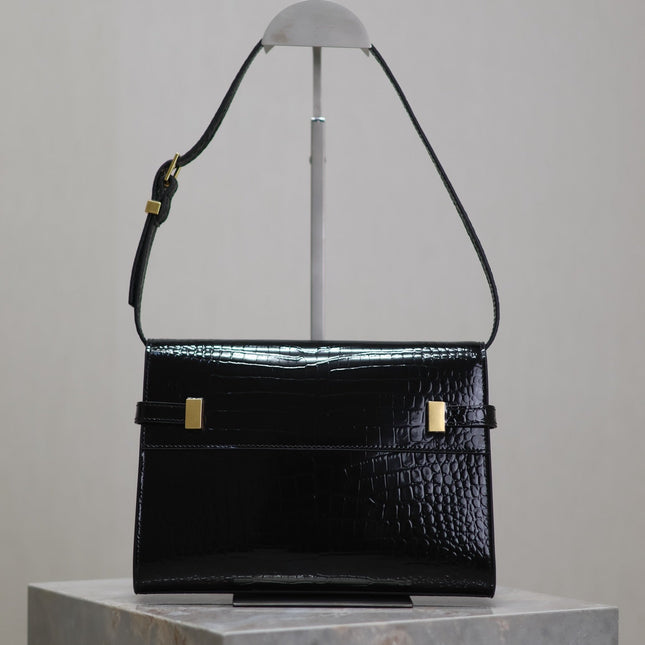 MANHATTAN SMALL 24 IN BLACK CROCODILE PATTERN GLOSSY CALFSKIN GOLD BUCKLE