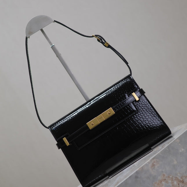 MANHATTAN SMALL 24 IN BLACK CROCODILE PATTERN GLOSSY CALFSKIN GOLD BUCKLE