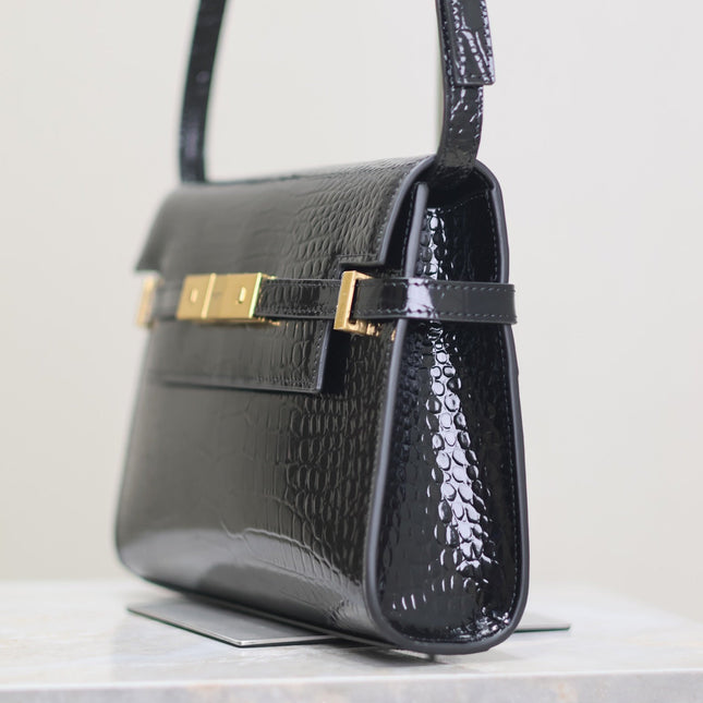 MANHATTAN SMALL 24 IN BLACK CROCODILE PATTERN GLOSSY CALFSKIN GOLD BUCKLE
