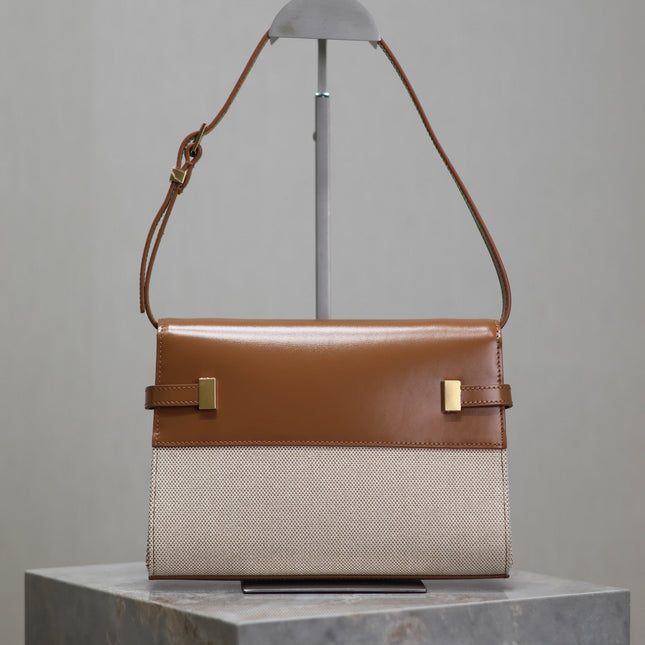 MANHATTAN SMALL 24 IN WHITE CANVAS AND BROWN CALFSKIN GOLD HARDWARE