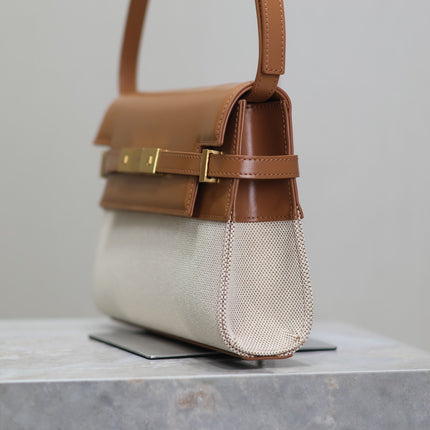 MANHATTAN SMALL 24 IN WHITE CANVAS AND BROWN CALFSKIN GOLD HARDWARE