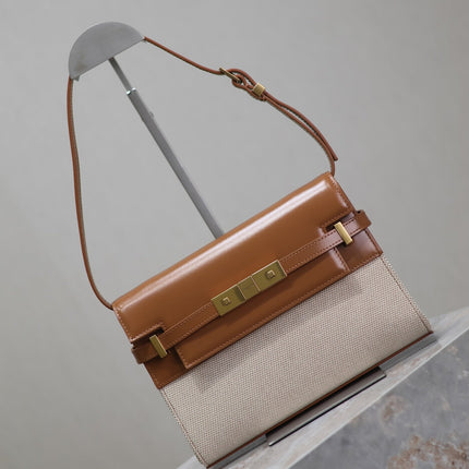 MANHATTAN SMALL 24 IN WHITE CANVAS AND BROWN CALFSKIN GOLD HARDWARE