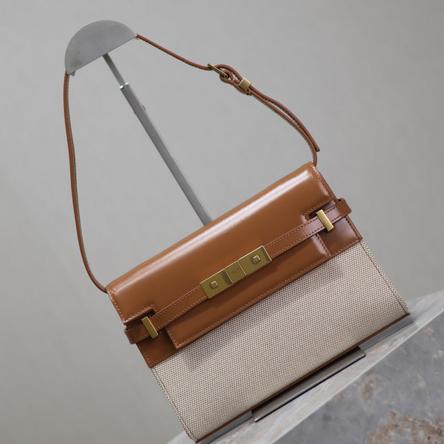 MANHATTAN SMALL 24 IN WHITE CANVAS AND BROWN CALFSKIN GOLD HARDWARE