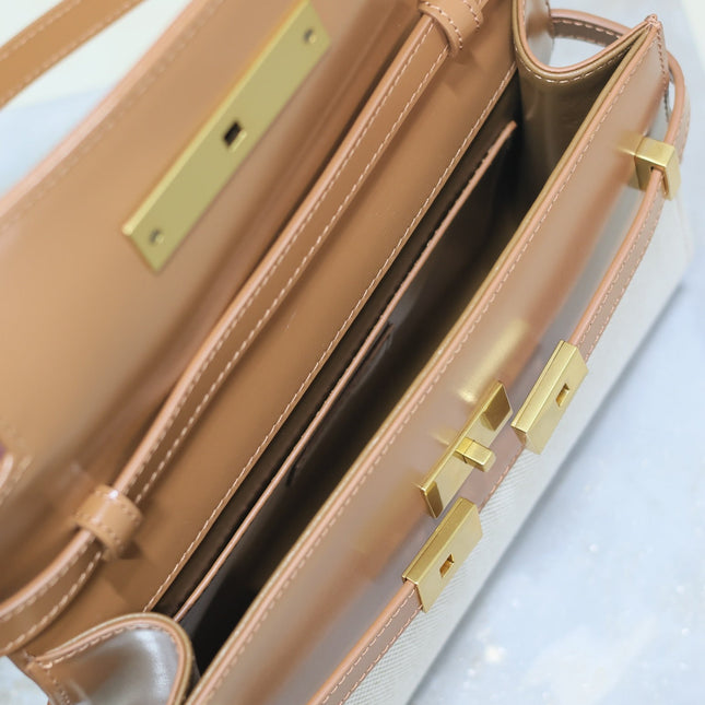 MANHATTAN SMALL 24 IN WHITE CANVAS AND BROWN CALFSKIN GOLD HARDWARE