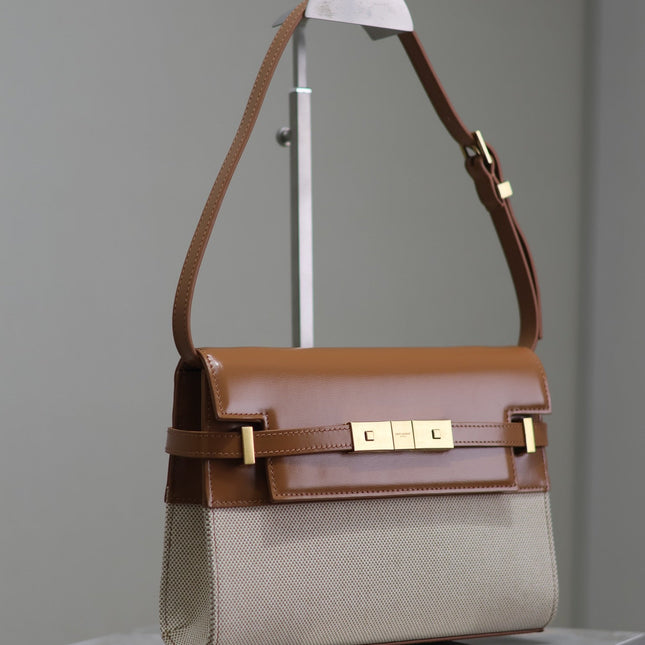 MANHATTAN SMALL 24 IN WHITE CANVAS AND BROWN CALFSKIN GOLD HARDWARE