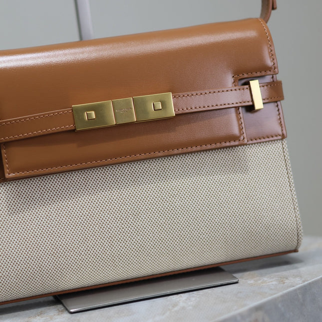 MANHATTAN SMALL 24 IN WHITE CANVAS AND BROWN CALFSKIN GOLD HARDWARE