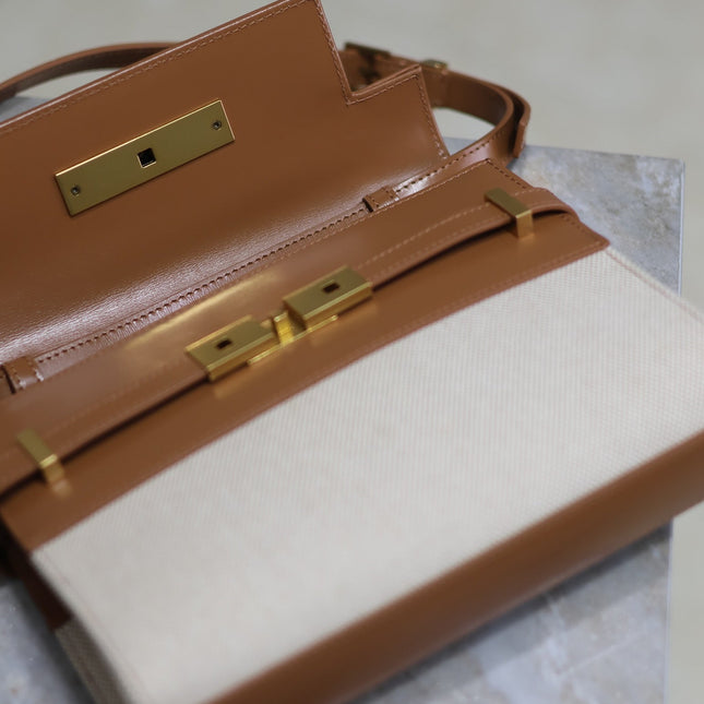 MANHATTAN SMALL 24 IN WHITE CANVAS AND BROWN CALFSKIN GOLD HARDWARE