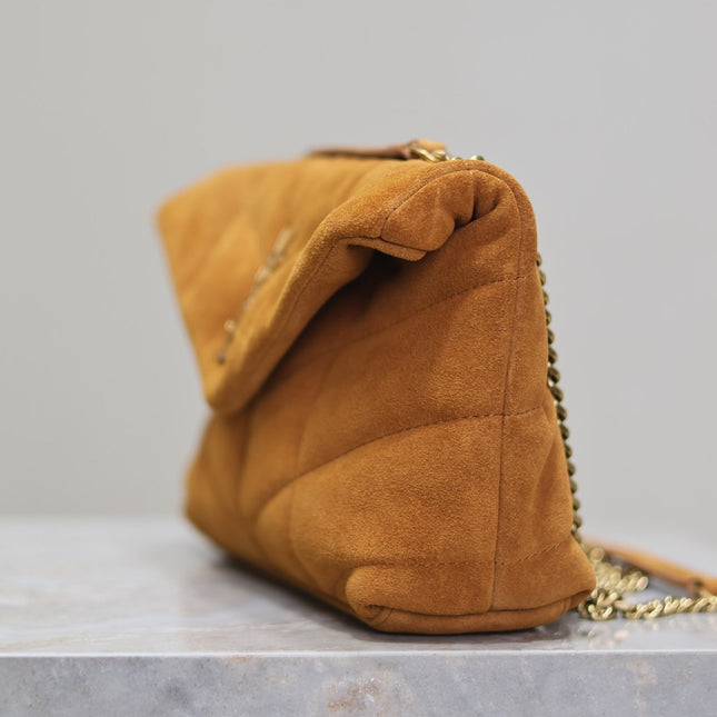 PUFFER TOY 23 IN BRONZE BROWN SUEDE GOLD HARDWARE