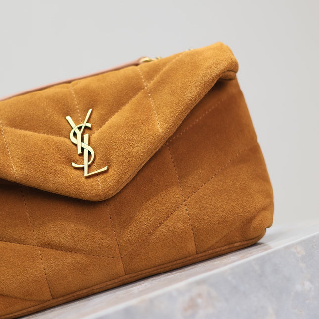PUFFER TOY 23 IN BRONZE BROWN SUEDE GOLD HARDWARE
