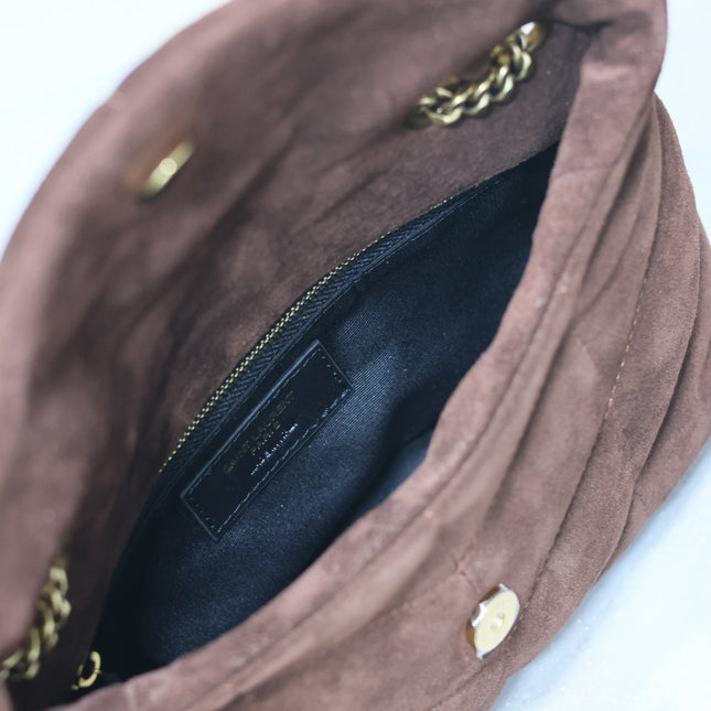 PUFFER TOY 23 IN WALNUT BROWN SUEDE GOLD HARDWARE