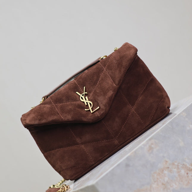 PUFFER TOY 23 IN WALNUT BROWN SUEDE GOLD HARDWARE