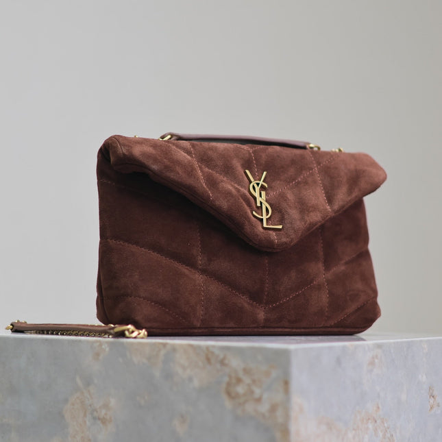 PUFFER TOY 23 IN WALNUT BROWN SUEDE GOLD HARDWARE