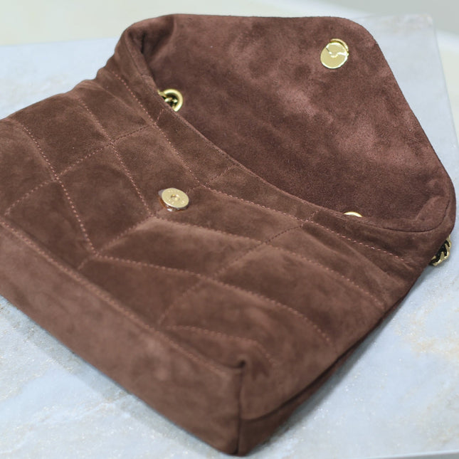 PUFFER TOY 23 IN WALNUT BROWN SUEDE GOLD HARDWARE