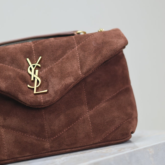 PUFFER TOY 23 IN WALNUT BROWN SUEDE GOLD HARDWARE