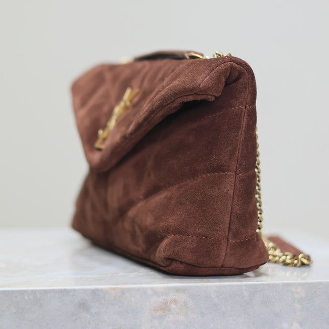 PUFFER TOY 23 IN WALNUT BROWN SUEDE GOLD HARDWARE