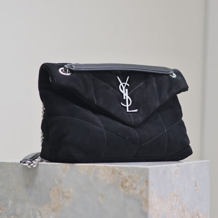 PUFFER SMALL 29 IN BLACK SUEDE SILVER HARDWARE