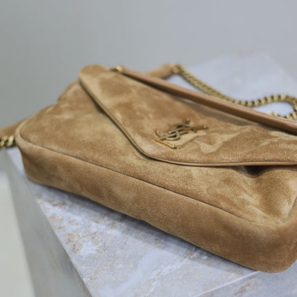 CALYPSO BAG 26 IN CIDER BROWN SUEDE GOLD HARDWARE