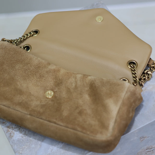 CALYPSO BAG 26 IN CIDER BROWN SUEDE GOLD HARDWARE