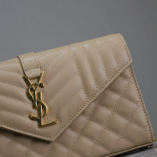 ENVELOPE CHAIN BAG 22 IN SEPIA TAN LAMBSKIN GOLD HARDWARE