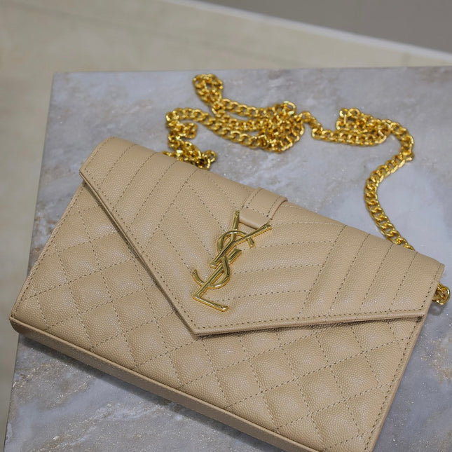 ENVELOPE CHAIN BAG 22 IN SEPIA TAN LAMBSKIN GOLD HARDWARE