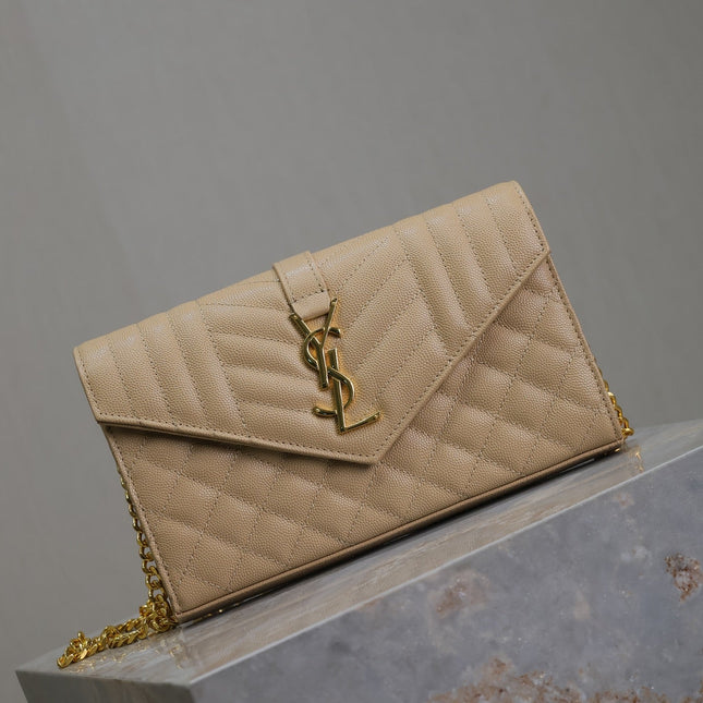 ENVELOPE CHAIN BAG 22 IN SEPIA TAN LAMBSKIN GOLD HARDWARE