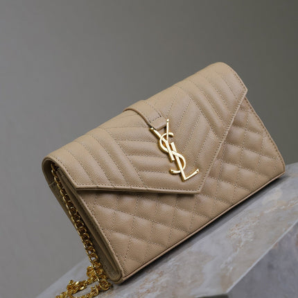 ENVELOPE CHAIN BAG 22 IN SEPIA TAN LAMBSKIN GOLD HARDWARE