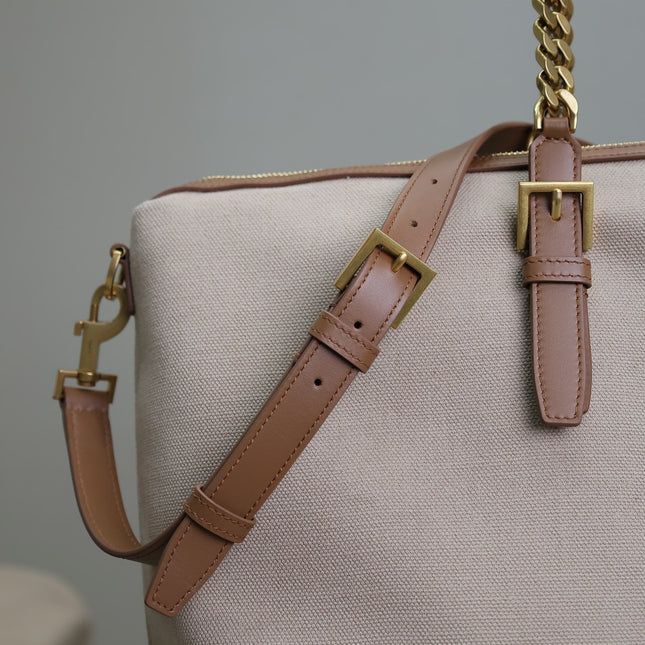 TRAVEL BAG 48 IN WHITE CANVAS AND BROWN LEATHER TRIM GOLD HARDWARE