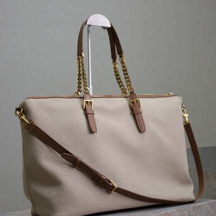 TRAVEL BAG 48 IN WHITE CANVAS AND BROWN LEATHER TRIM GOLD HARDWARE