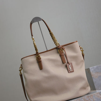 TOTE BAG 38 IN WHITE CANVAS AND BROWN LEATHER TRIM GOLD HARDWARE