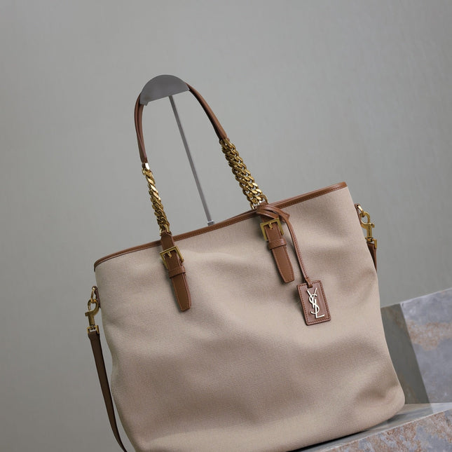 TOTE BAG 38 IN WHITE CANVAS AND BROWN LEATHER TRIM GOLD HARDWARE