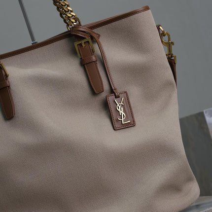 TOTE BAG 38 IN WHITE CANVAS AND BROWN LEATHER TRIM GOLD HARDWARE